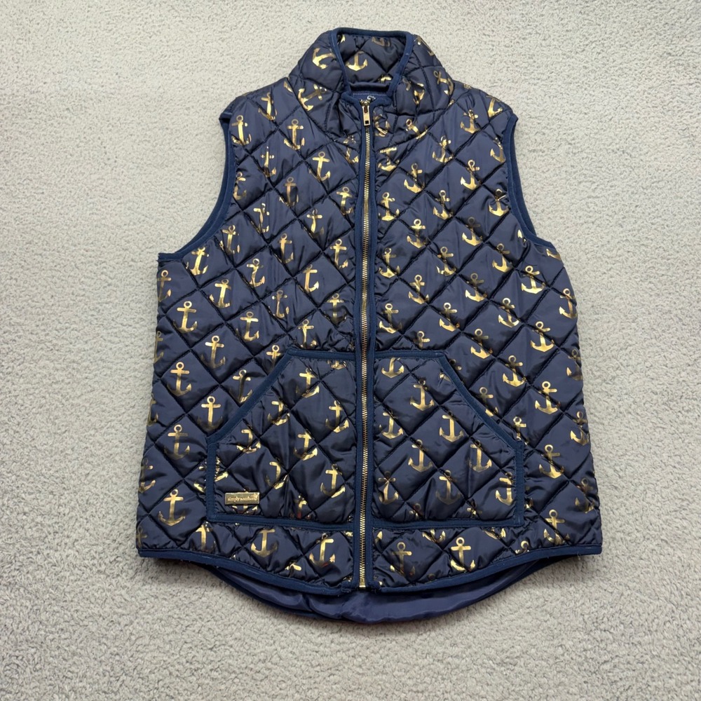 Simply Southern Women Size Medium Navy Gold Anchor Quilted Full Zip Puffer Vest